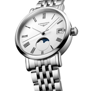 Quadrante bianco mat del Longines Elegant Collection Moonphase 30 mm con numeri romani dipinti e lancette argentate lucide, indicatore delle fasi lunari a ore 6